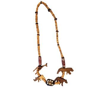 Vintage Necklace Handmade Wooden African Safari Beaded Brown Zoo